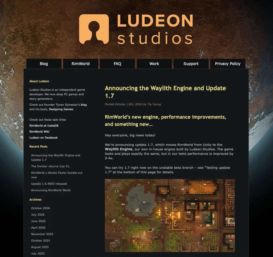 Ludeon Studios' blog post announcing the Waylith Engine and Update 1.7